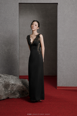 BLACK MARA LACE DEEP V-FRONT DRAPED BACK LONG NIGHTGOWN