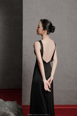 BLACK MARA LACE DEEP V-FRONT DRAPED BACK LONG NIGHTGOWN