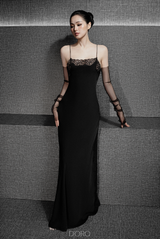 BLACK GIANNA LACE-TRIM SQUARE NECK LONG NIGHTGOWN