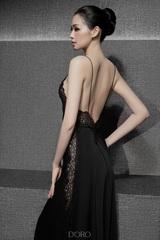 BLACK GIANNA LACE-TRIM SQUARE NECK LONG NIGHTGOWN