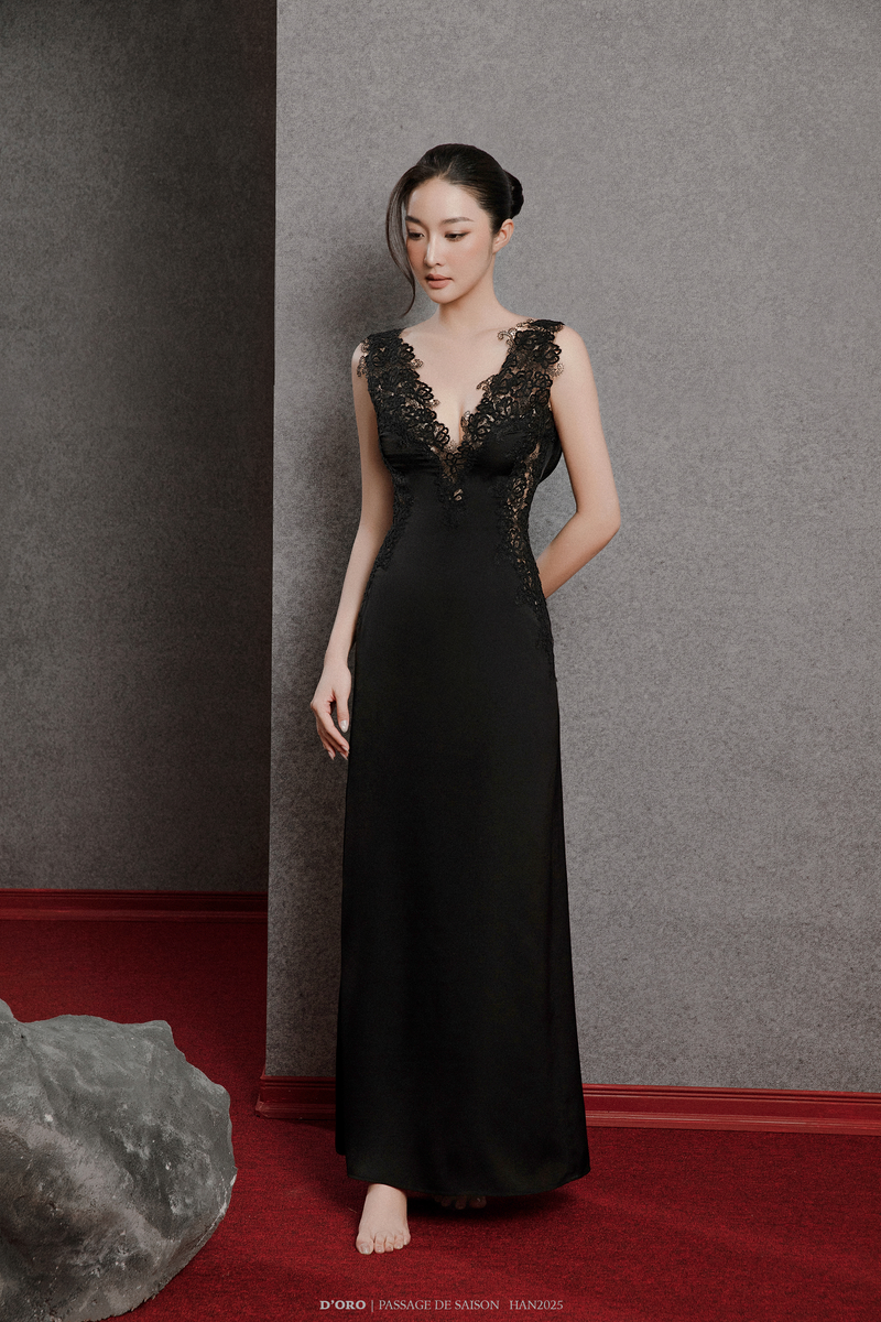BLACK MARA LACE DEEP V-FRONT DRAPED BACK LONG NIGHTGOWN D'ORO BLACK MARA LACE DEEP V-FRONT DRAPED BACK LONG NIGHTGOWN D'ORO