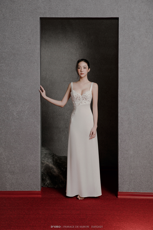 WHITE ALAIA WIDE STRAPS AND SEQUIN LACE TRIM LONG NIGHTGOWN