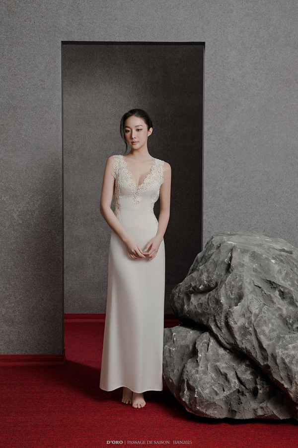 WHITE MARA LACE DEEP V-FRONT DRAPED BACK LONG NIGHTGOWN