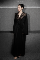 BLACK LEA LACE-TRIMMED LONG ROBE