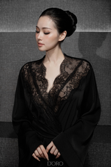 BLACK LEA LACE-TRIMMED LONG ROBE