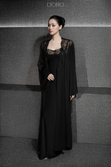 BLACK LEA LACE-TRIMMED LONG ROBE