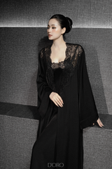 BLACK LEA LACE-TRIMMED LONG ROBE